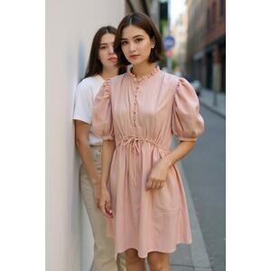 Cottage core Peach Cotton Puff Sleeve‎ Ruffle Neck Tie Waist Dress M